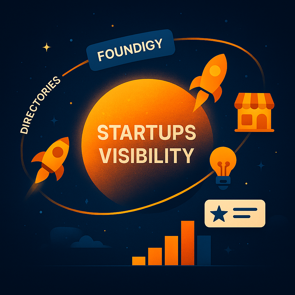Stylized digital orbit showing startups gaining mass visibility through a business directory—Foundigy—highlighting how smart listings fuel growth, exposure, and discovery in 2025.