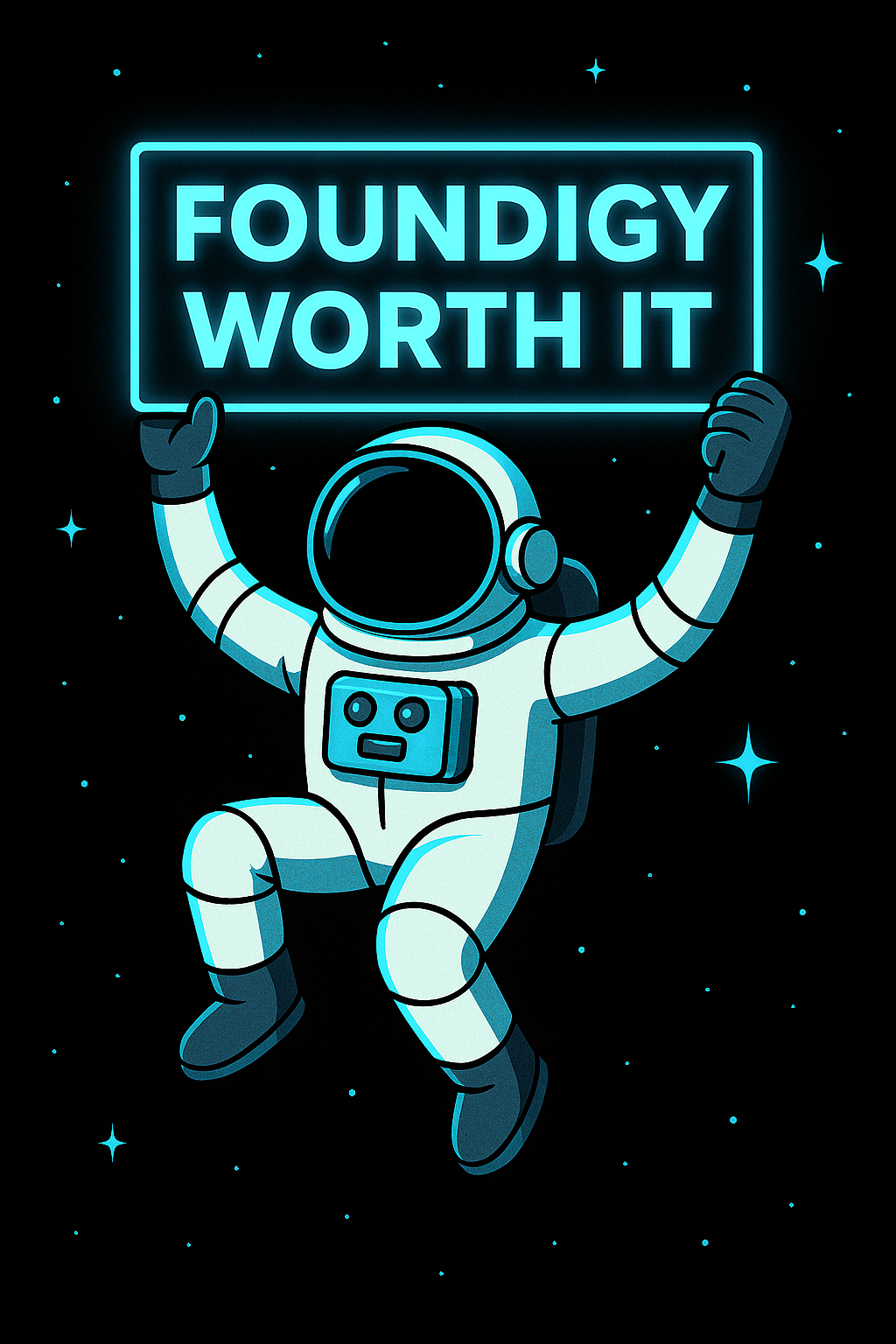 Astronaut floating in space holding a glowing neon sign that reads 'Foundigy Worth It' against a starry black background, symbolizing startup credibility, global business directory visibility, boost your SEO potential, and startup accelerator momentum.
