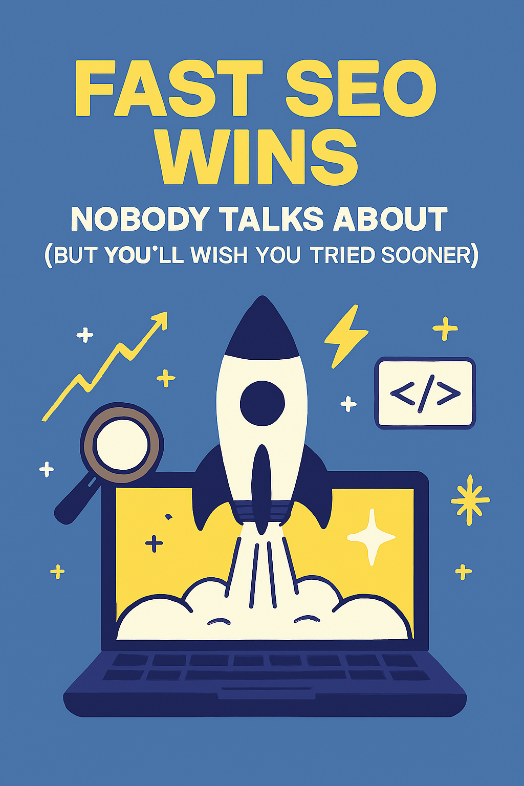 Rocket launching from a laptop screen surrounded by SEO icons like magnifying glass, code tag, and lightning bolt, symbolizing quick SEO wins and fast search visibility—set against a slate blue background with bold headline text.