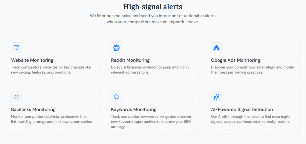 ChampSignal interface showcasing high-signal alerts for competitor tracking, including Reddit monitoring, Google Ads, backlinks, keywords, and AI-powered signal detection.