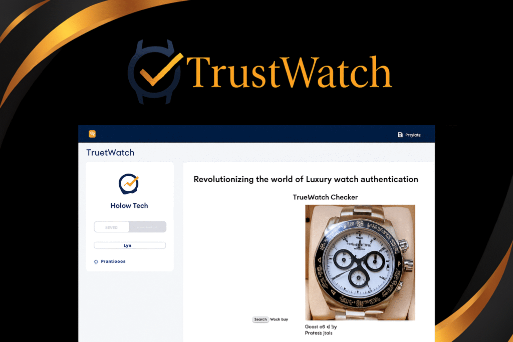 TrustWatch app interface showing AI-powered luxury watch authentication results, with sleek black and gold branding and a verified genuine watch scan