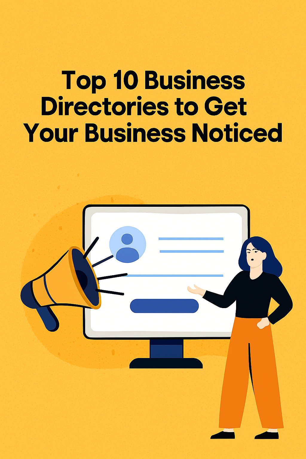 Startup founder standing confidently in front of a digital billboard showcasing their business listing on a global business directory, with a city skyline symbolizing worldwide visibility and discovery.