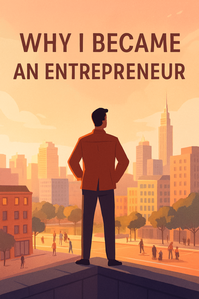 Illustration capturing why I became an entrepreneur—a man stands on a rooftop at sunset, overlooking a vibrant city and people below, symbolizing purpose, perspective, and the journey to build something meaningful