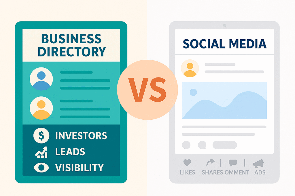 Split-screen illustration comparing business directory sites and social media platforms. The left side shows a tablet labeled “Business Directory” with structured listings, founder profiles, and icons for investors, leads, and visibility—highlighting the trust-building features of business directory sites. The right side displays a tablet labeled “Social Media” with a casual post layout, icons for likes, shares, comments, and ads—emphasizing engagement-driven content. A bold “VS” symbol in the center underscores the contrast between credibility-focused business directory sites and popularity-driven social media platforms.
