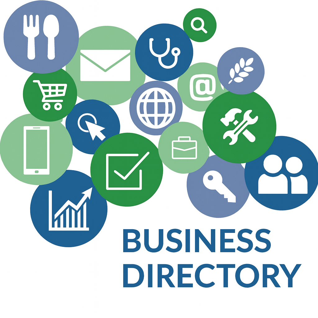 Graphic illustration for a business directory website showing interconnected icons for services like dining, healthcare, shopping, analytics, and communication, arranged in blue and green circles with bold 'BUSINESS DIRECTORY' text.