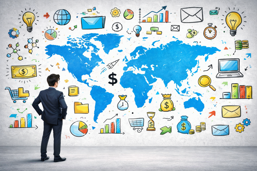 Business professional viewing a colorful world map with strategy icons, symbolizing how to expand your business globally through planning, innovation, and international growth opportunities.