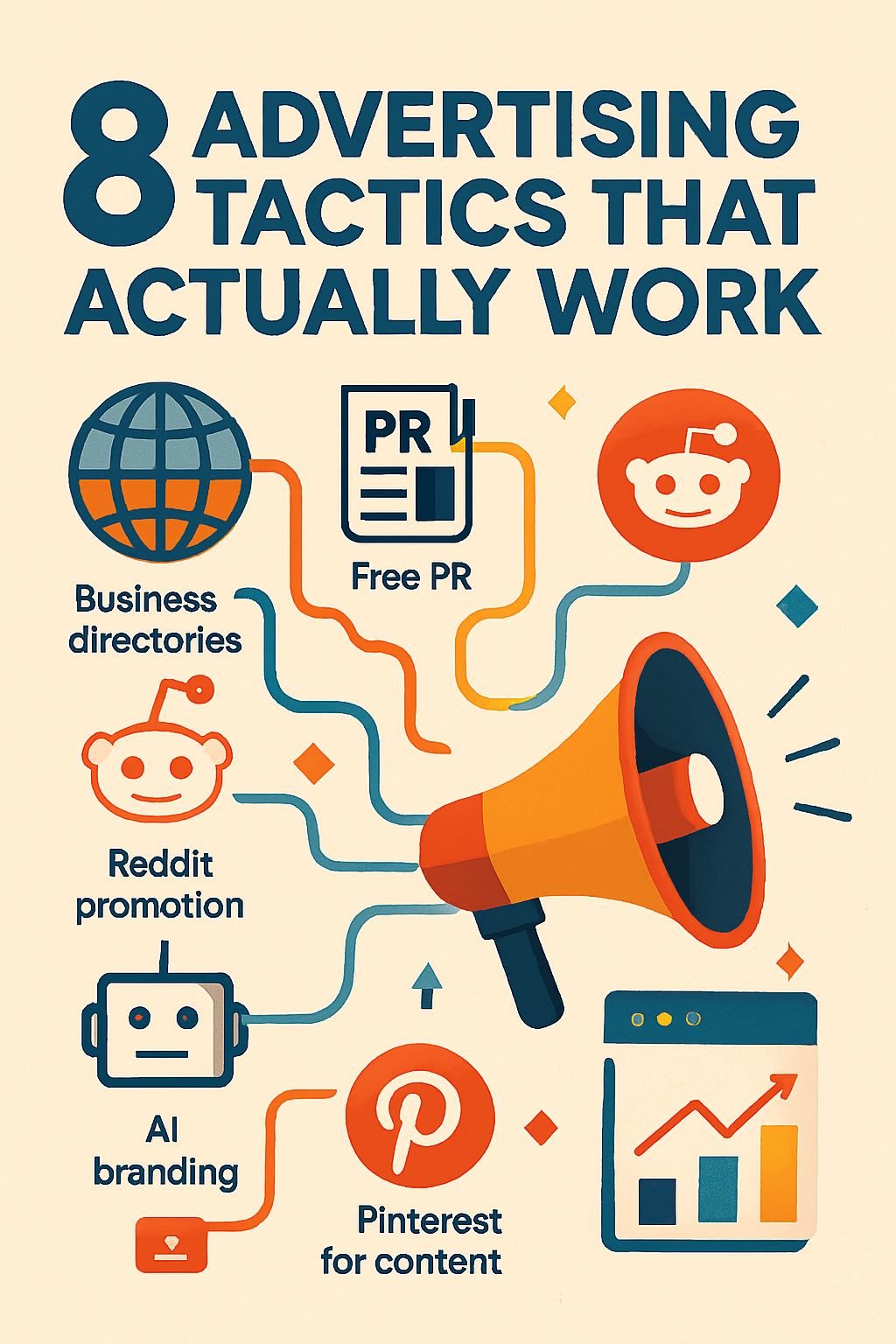 Futuristic blog illustration titled ‘8 Unique Ways to Advertise Your Business Successfully in 2026’, featuring a glowing digital cityscape with floating icons for business directories, PR platforms, Reddit, AI branding, Pinterest, and infographics. A confident startup founder stands on a holographic platform surrounded by data streams and charts. Bold central title in neon typography. Color palette includes electric blues, neon oranges, and deep purples