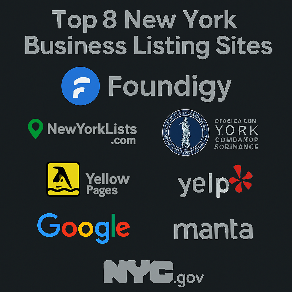 Infographic showcasing the top 8 New York business listing sites in 2026, featuring logos of Foundigy, NewYorkLists.com, Greater New York Chamber of Commerce, Yellow Pages, Google, Yelp, Manta, and NYC.gov