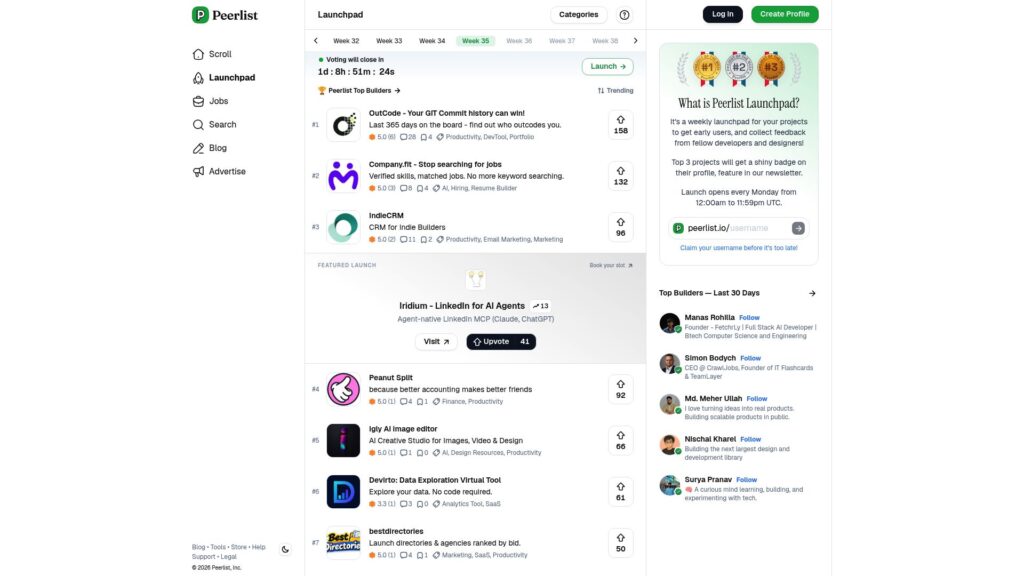 Peerlist Launchpad homepage – BetaList alternative for discovering startups and products