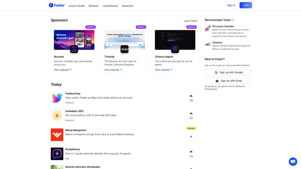 Fazier homepage – BetaList alternative for discovering startups and products