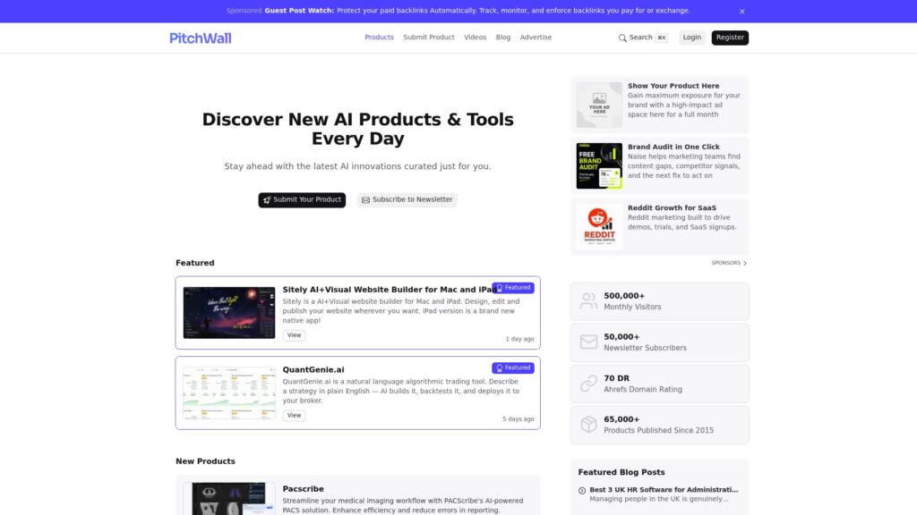 PitchWall homepage – BetaList alternative for discovering startups and products