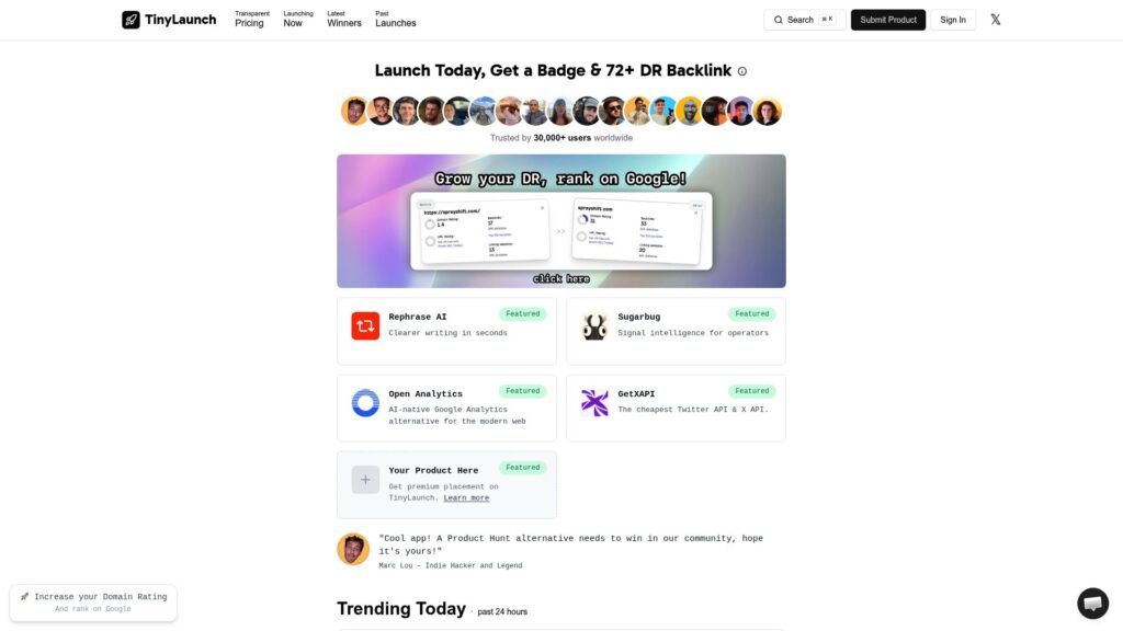 TinyLaunch homepage – BetaList alternative for discovering startups and products