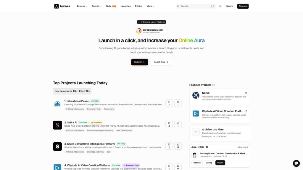Aura++ homepage – BetaList alternative for discovering startups and products
