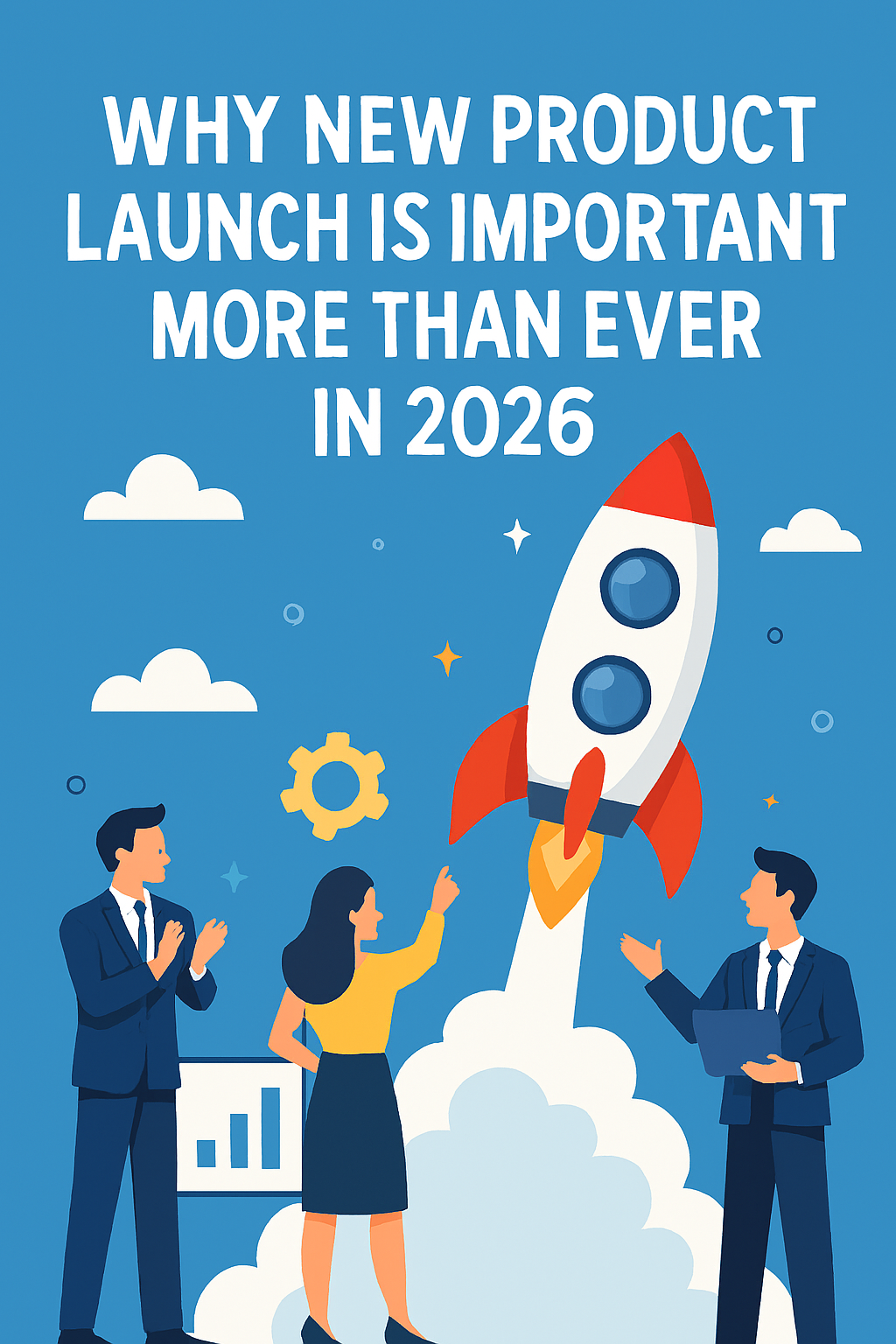 Futuristic A3-style digital poster illustrating a new product launch in 2026 with holographic platform, neon cityscape, and startup founders interacting with advanced discovery technology.