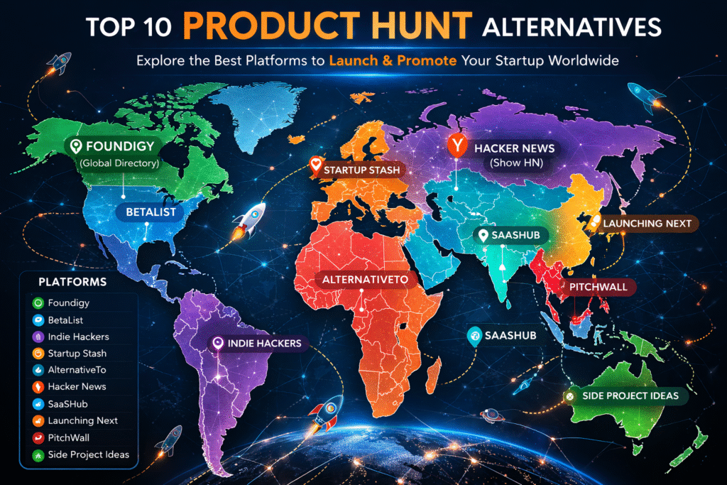 World map infographic showing top 10 Product Hunt alternatives and startup launch sites for promoting new startups globally