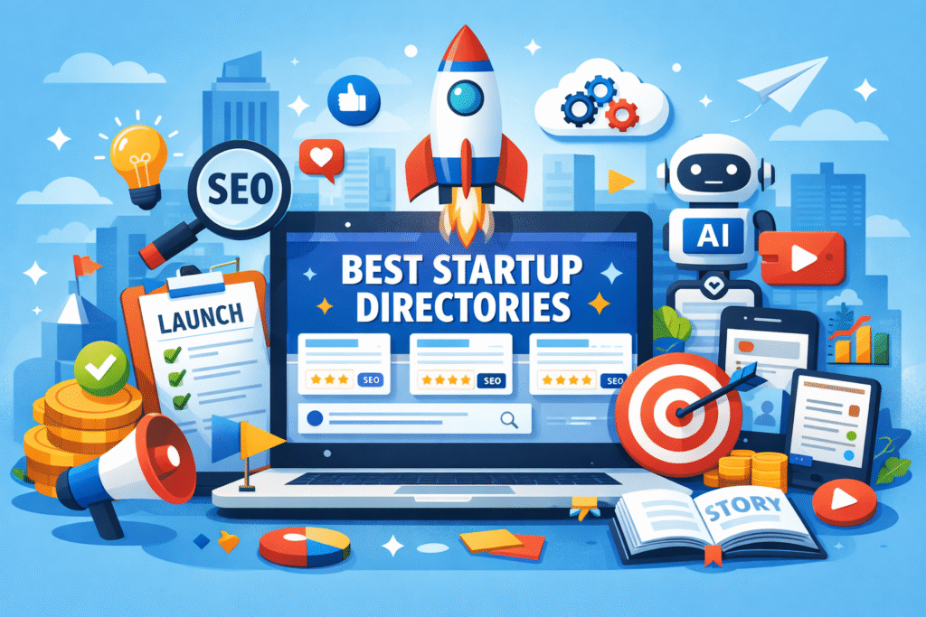 Illustration of best startup directories platform showing product discovery, SEO listings, startup launch icons, and digital tools promoting new startups
