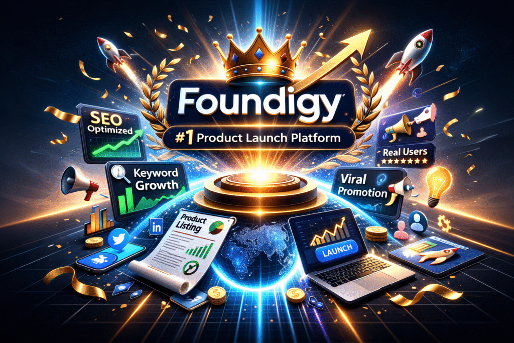 A futuristic banner showcasing Foundigy as the leading product launch platform, featuring a golden crown above the brand name, rockets launching, growth charts, and icons highlighting SEO optimization, keyword growth, viral promotion, and real user acquisition, representing the biggest product launch platform in 2026