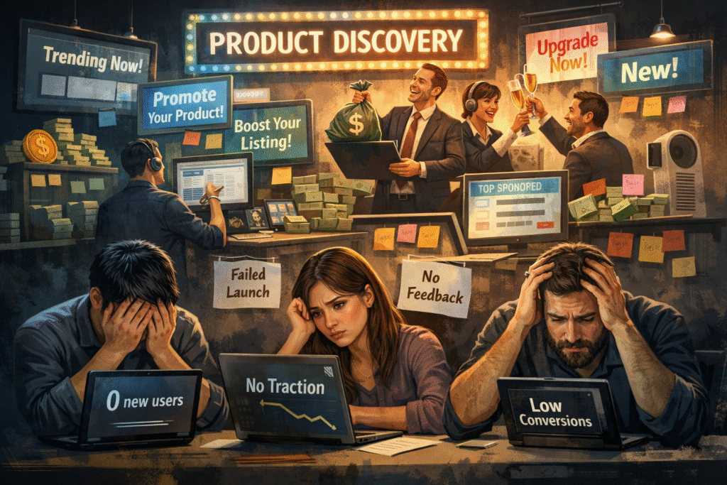 Illustration showing founders struggling with low visibility, highlighting the problem with product discovery platforms and failed product launches