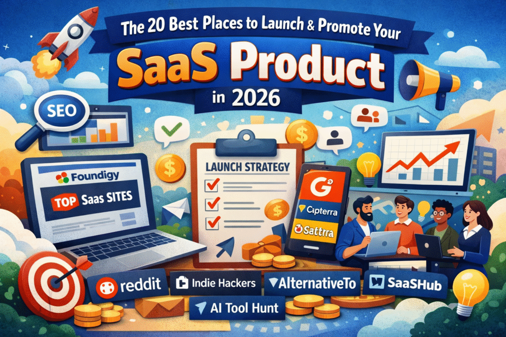 Illustration showing the best platforms for a SaaS product launch in 2026, featuring Foundigy, Reddit, Indie Hackers, SaaSHub, and other SaaS marketing platforms for startup promotion