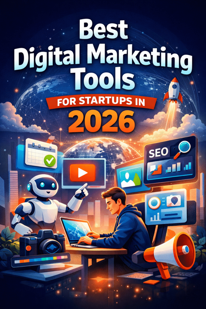 Best digital marketing tools for startups in 2026 including AI marketing platforms, SEO tools, and automation software