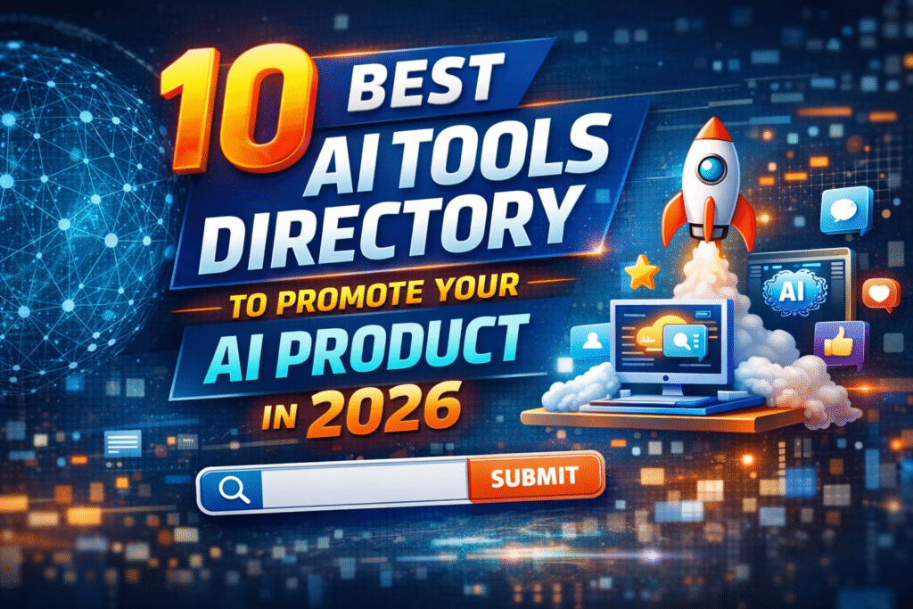 Illustration showing the 10 best AI tools directory to promote and submit your AI product in 2026, featuring a rocket launch, digital interface, and futuristic tech background