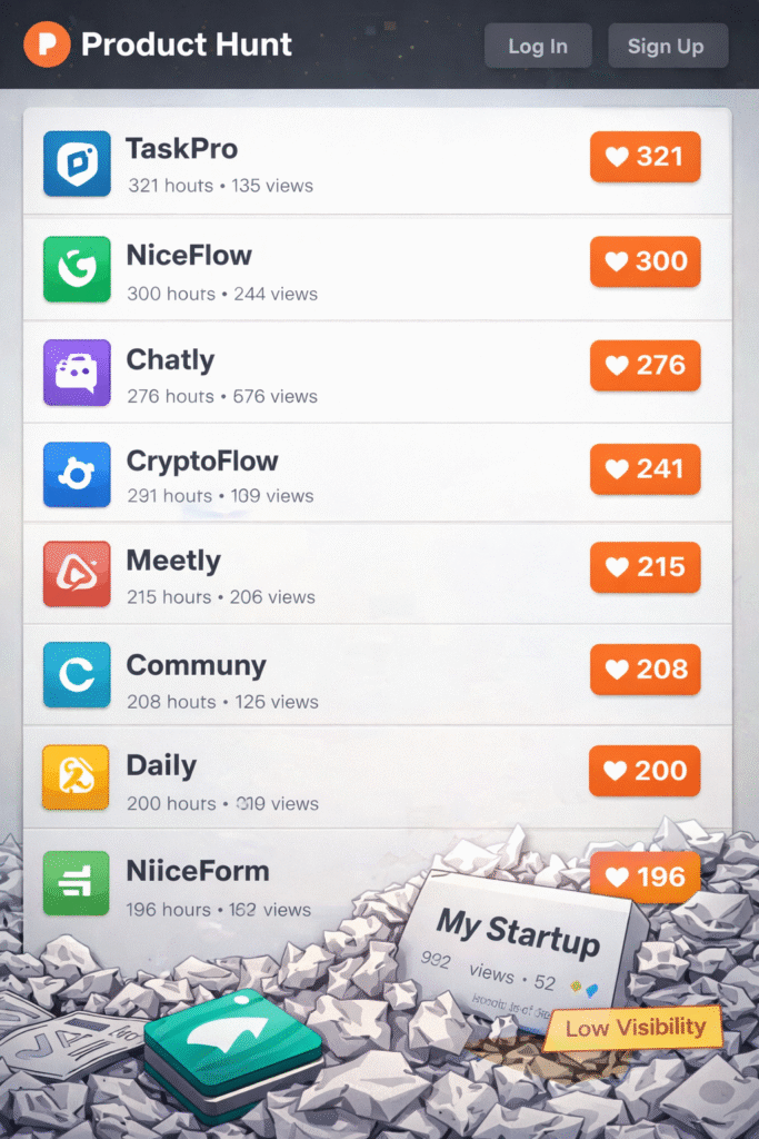 Product Hunt launch interface showing multiple startups competing for visibility while a new startup receives low upvotes and gets buried under other launches