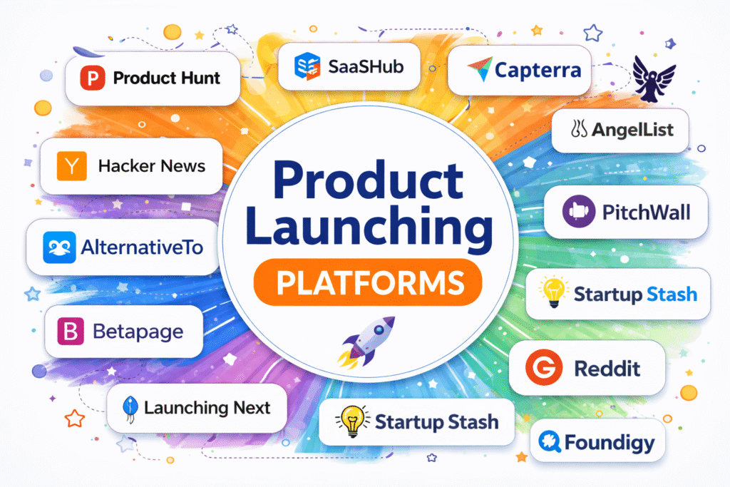 Illustration showing product launching platforms with Foundigy in the center and various web products displayed around it in banner style