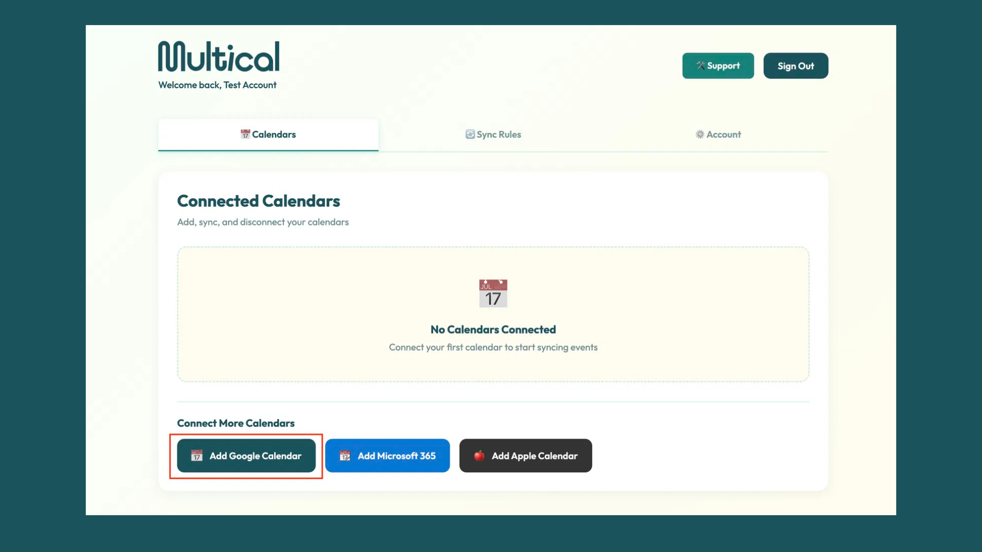 Multical calendar sync tool dashboard showing seamless multi-calendar management and real-time scheduling across Google, Outlook, and Apple Calendar
