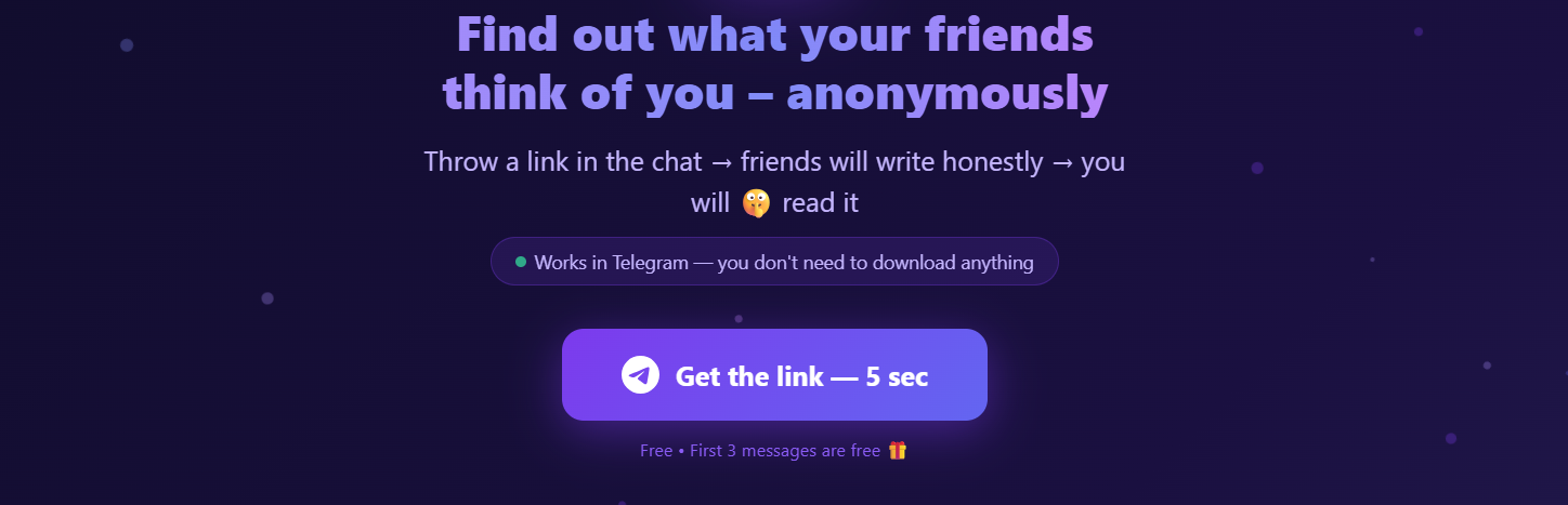 WhisprMe anonymous messaging platform via Telegram Mini App, enabling users to share anonymous feedback, compliments, and confessions through simple links