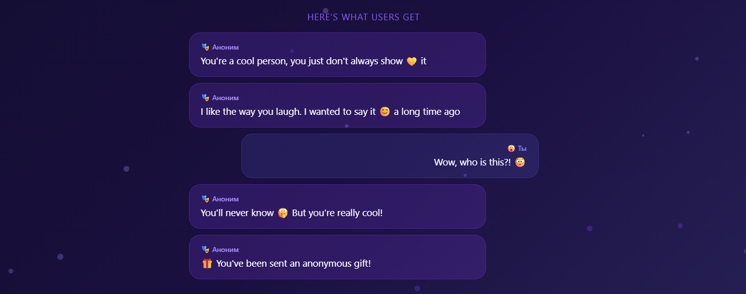 WhisprMe anonymous messaging platform via Telegram Mini App, enabling users to share anonymous feedback, compliments, and confessions through simple links