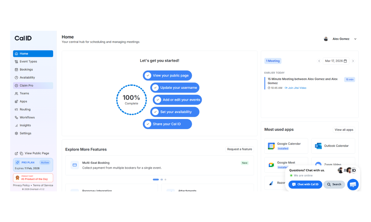 Cal ID free scheduling software dashboard showing online meeting scheduler, appointment booking tool, calendar sync, and automated reminders interface