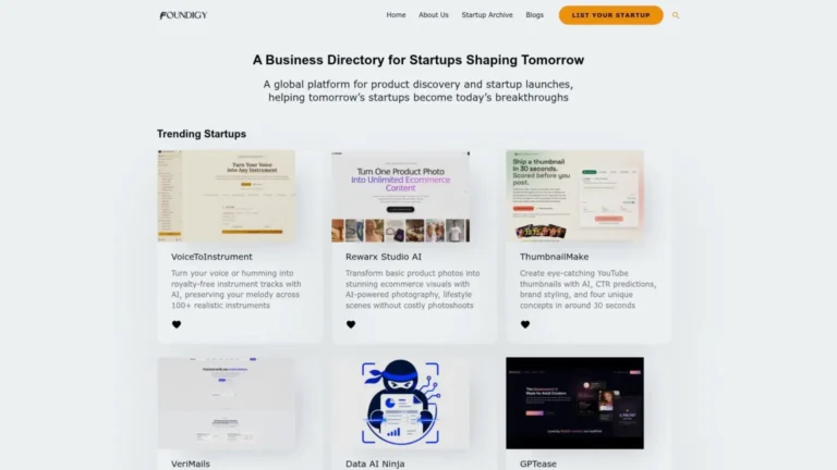 Foundigy homepage screenshot showcasing a platform for discovering startups and exploring the best Product Hunt alternatives.