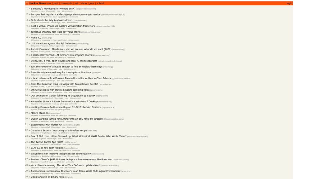 Hacker News homepage – Product Hunt alternatives for discovering startups and products
