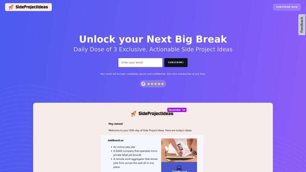 Side Project Ideas homepage – Product Hunt alternatives for discovering startups and products