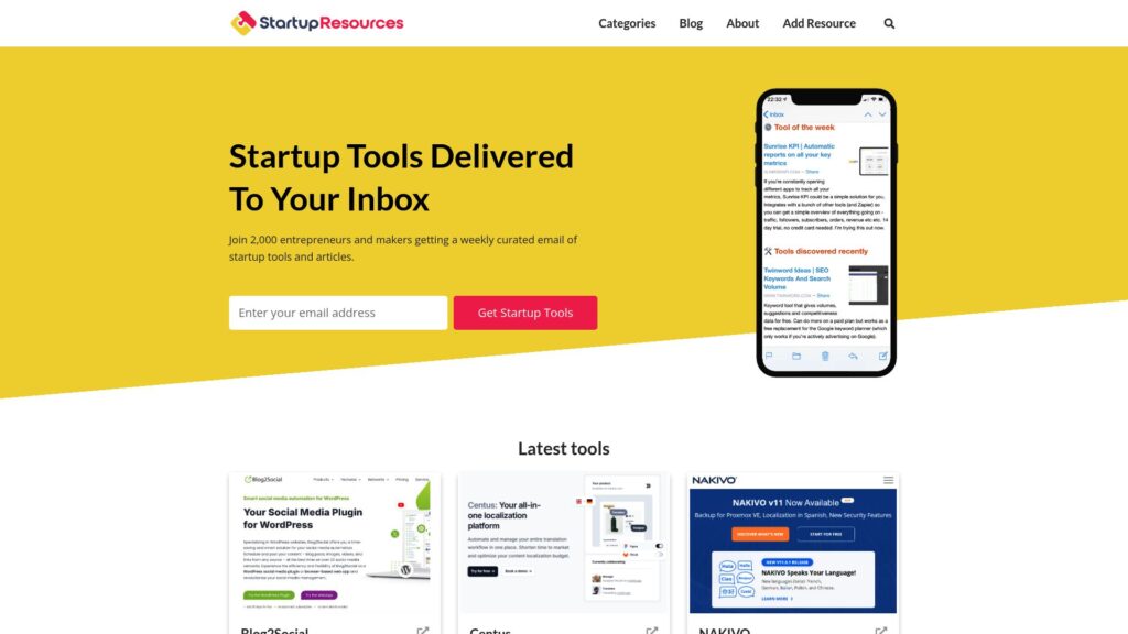 Startup Resources homepage showing one of the best startup directories for startup tools and resources
