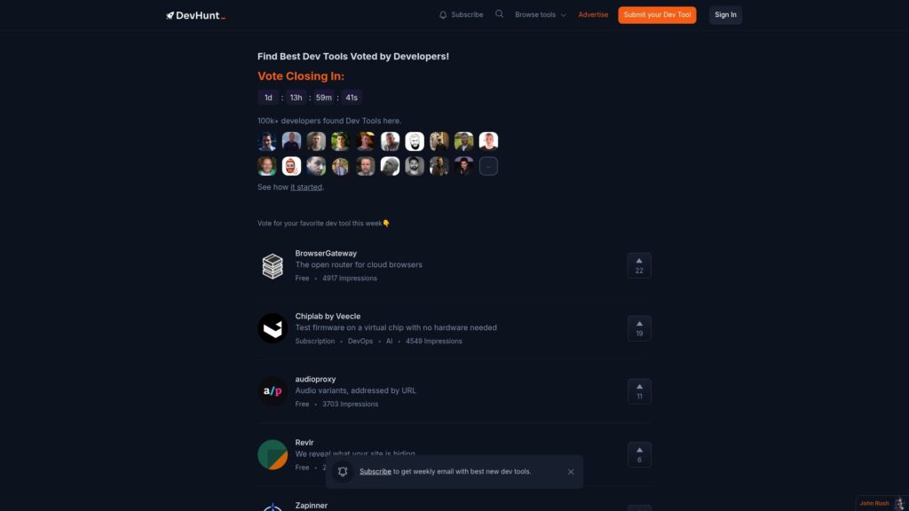 Dev Hunt homepage showing one of the best startup directories for discovering developer products