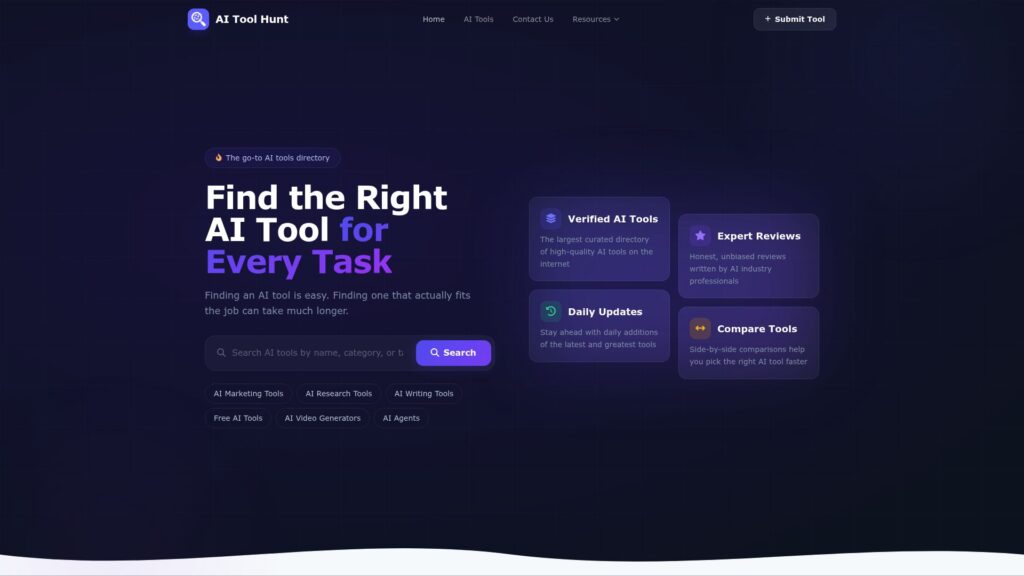 AI Tool Hunt AI tools directory homepage featuring AI products and tools