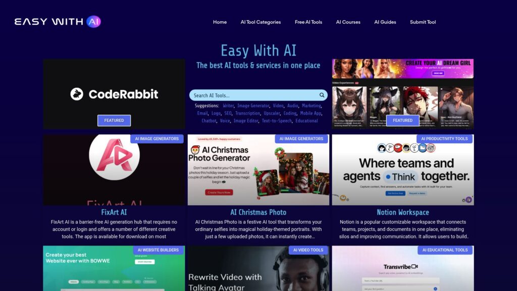 Easy With AI tools directory homepage featuring AI tools by category and use case