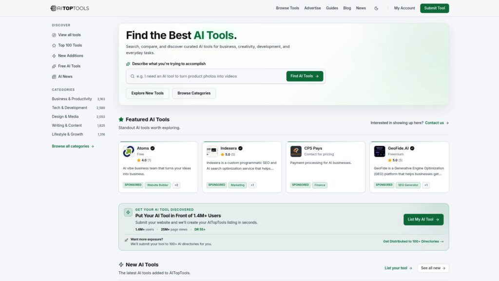 AITopTools AI tools directory homepage featuring AI products and categories