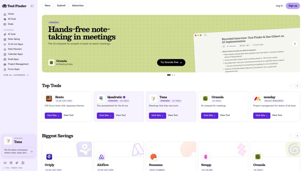 Tool Finder AI tools directory homepage for discovering software and online tools
