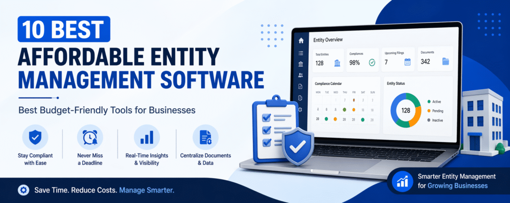 Affordable entity management software banner showing dashboard, compliance tracking icons, and business tools for managing entities efficiently