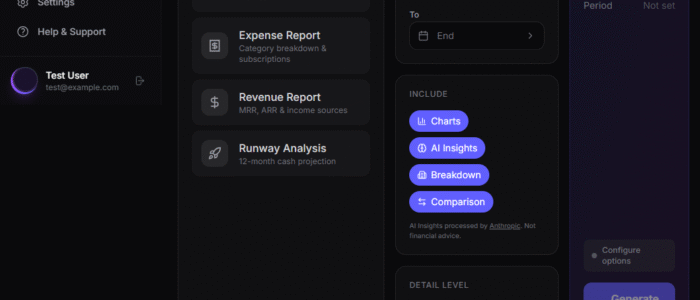 Multi-dashboard view of entity management software showing budgets, expenses, revenue tracking, and AI-powered financial insights for startups managing multiple businesses