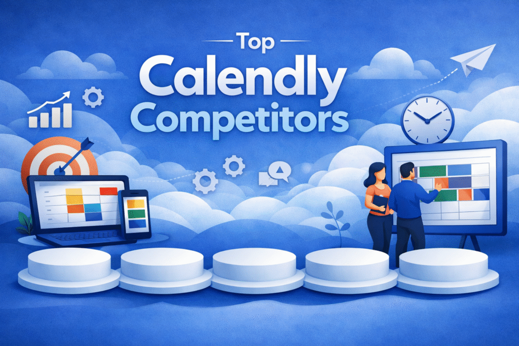 An image showing a guide to top Calendly competitors and scheduling alternatives with calendar icons and a modern blue background