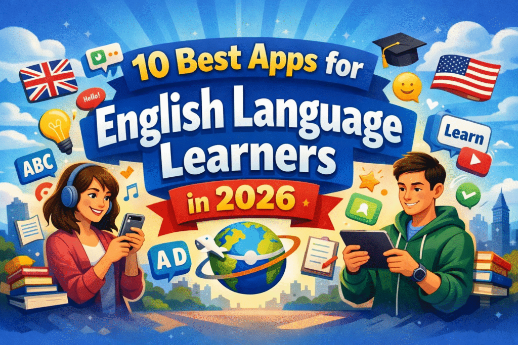 Banner image featuring the title “10 Best Apps for English Language Learners in 2026” with vibrant educational graphics, app icons, and students using mobile devices to learn English, representing top apps for English language learners.