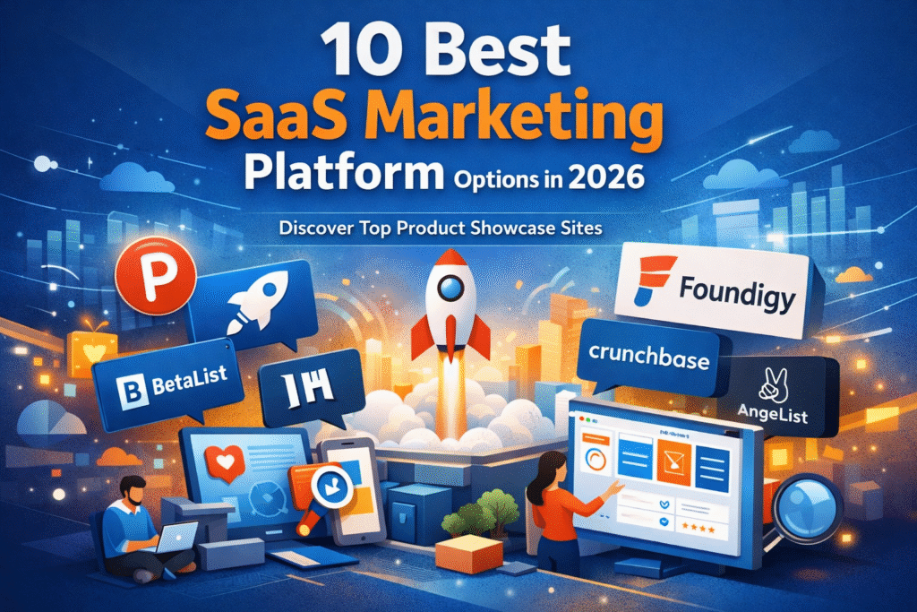 Top SaaS marketing platform options in 2026 featuring product showcase platforms like Product Hunt, BetaList, and Foundigy for startup growth and discovery