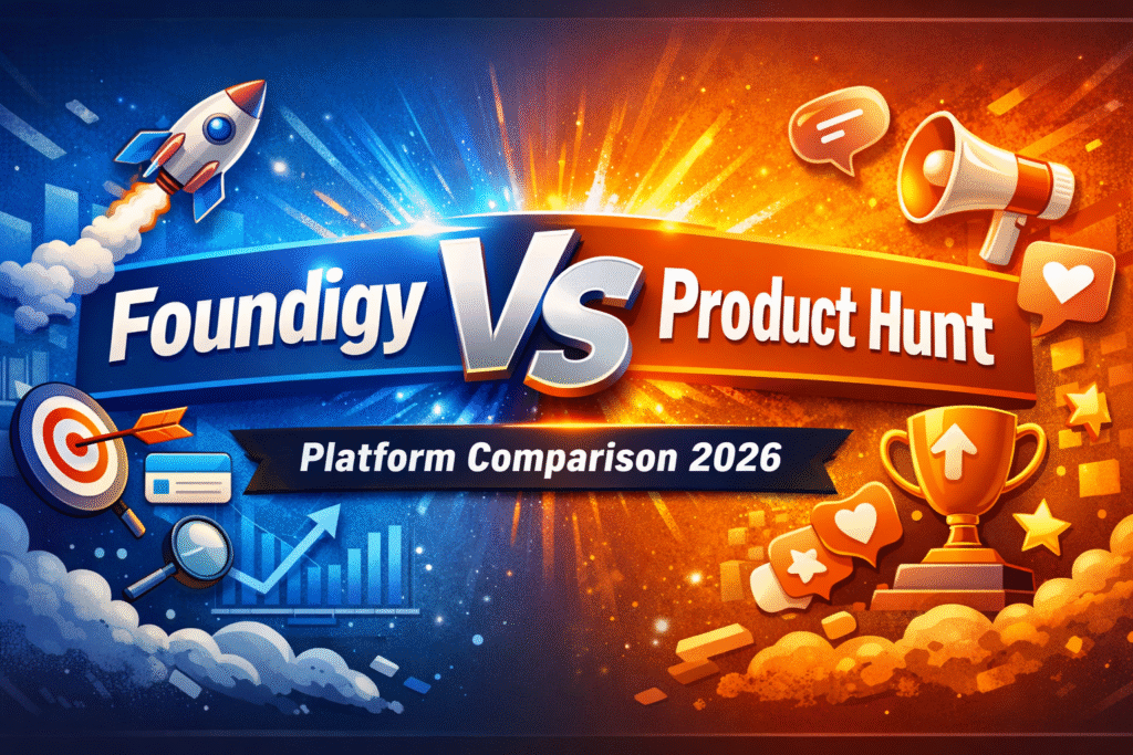 Banner showing Foundigy vs Product Hunt platform comparison 2026 with startup launch, SEO discovery, and community engagement visuals.