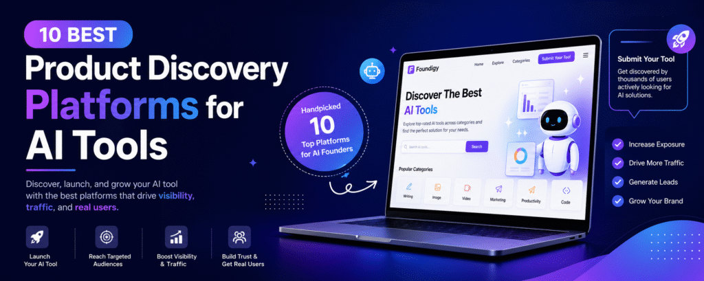 Product Discovery Platforms for AI Tools banner featuring a modern blue-purple gradient background, a laptop displaying an AI tools website, a robot illustration, and elements highlighting visibility, traffic, and user growth.