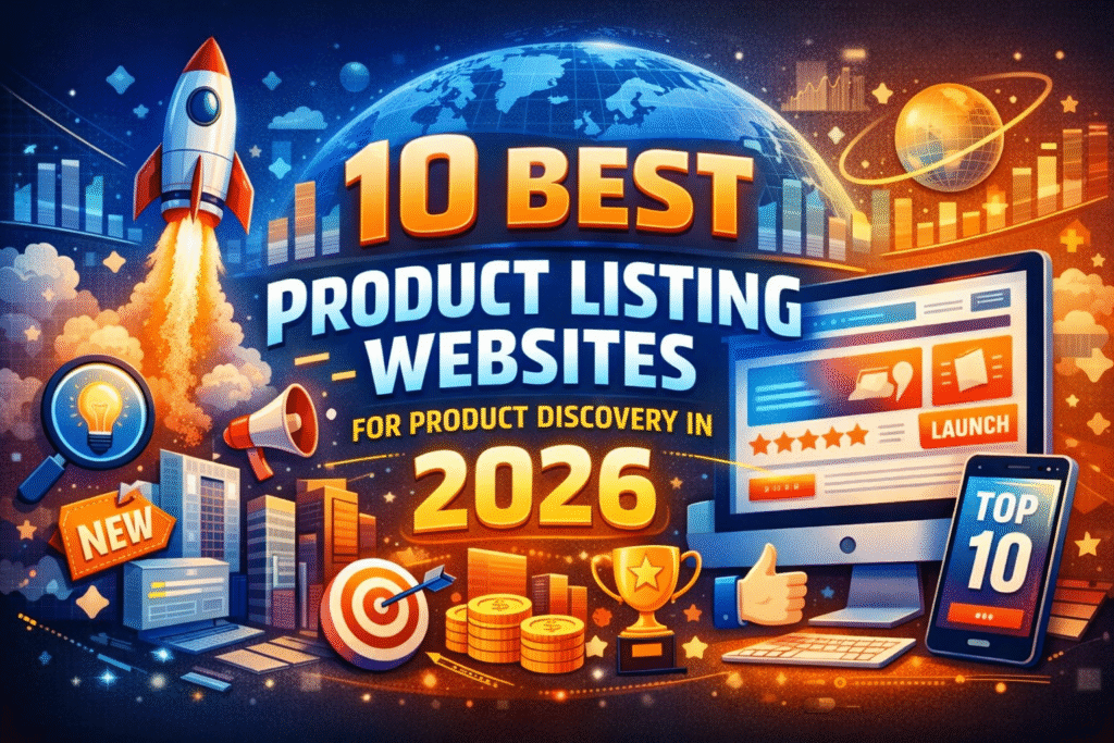 Illustration showing the 10 best product listing website platforms for product discovery and startup launches in 2026