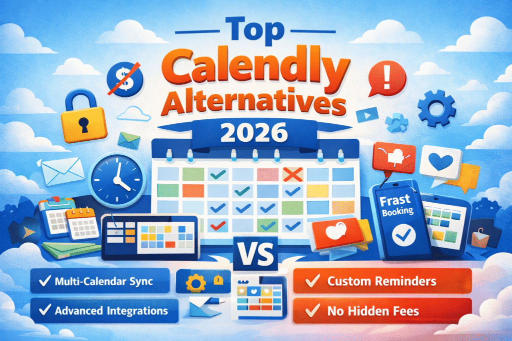 Illustration of calendar icons and scheduling tools representing top Calendly alternatives for 2026