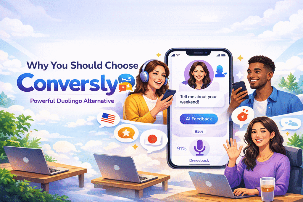 Conversly AI communication coach interface showing real conversation practice, presented as a powerful Duolingo alternative for language learning.